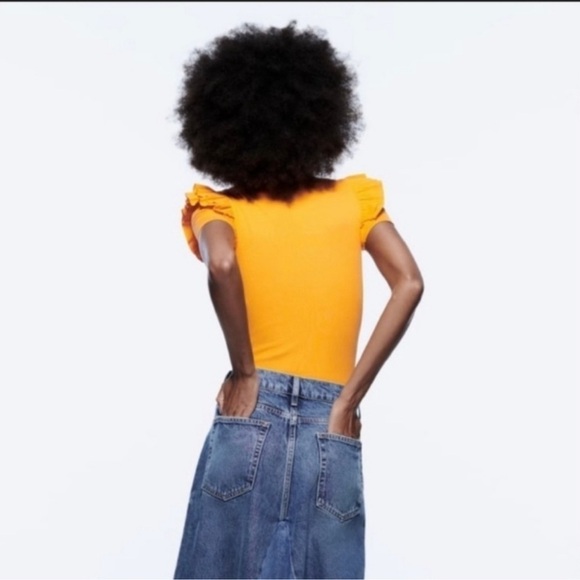 Zara Medium Ribbed Ruffle Shoulder Bodysuit Mustard Yellow Orange Retro - Picture 2 of 12